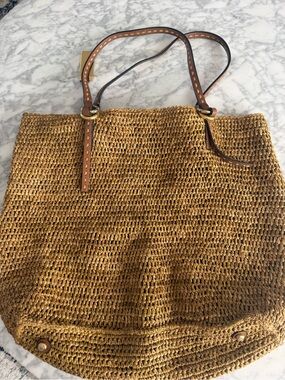 Michael Kors Woven Straw Tote Bag with Brown Leather Handles